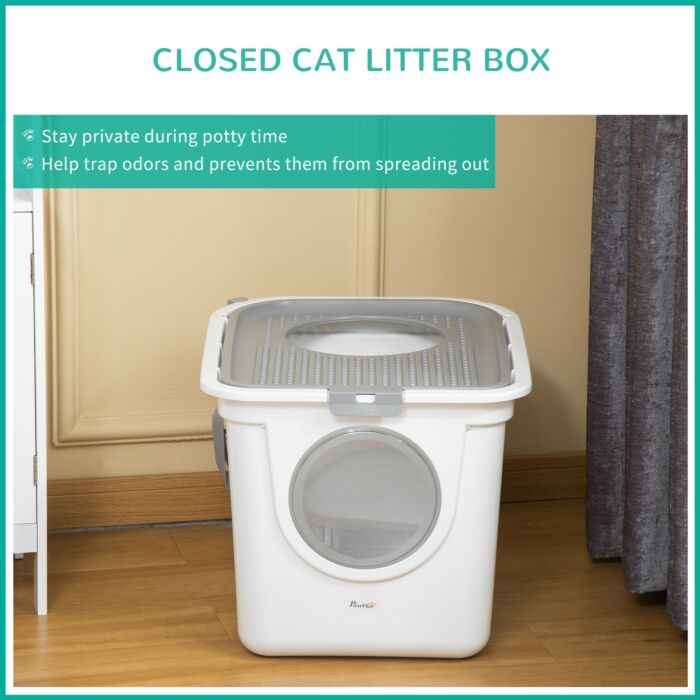 Pawhut Cat Litter Box Pet Toilet Enclosed Kitten Pan W/ Front Entrance Top Exit Scoop, White