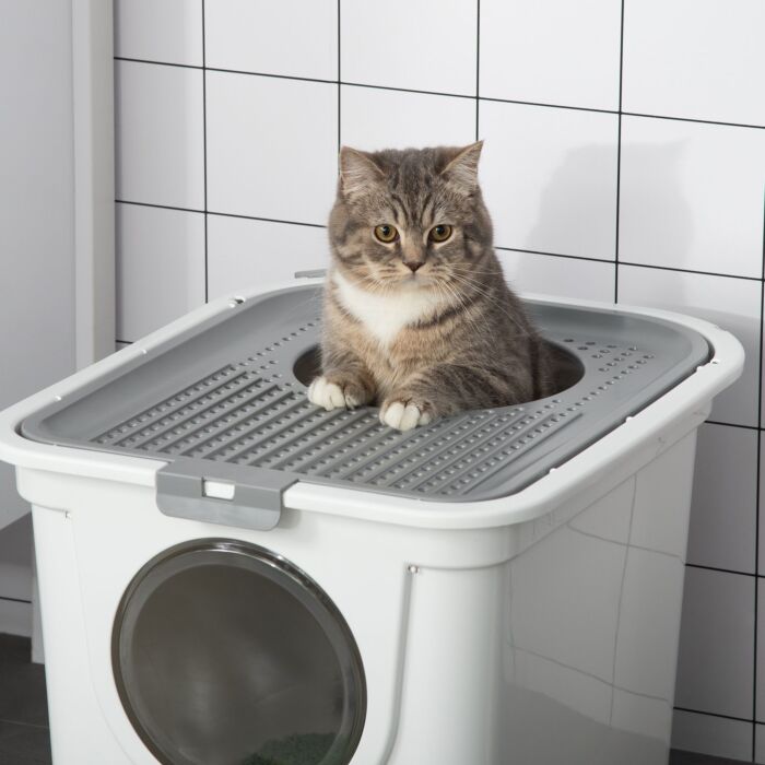 Pawhut Cat Litter Box Pet Toilet Enclosed Kitten Pan W/ Front Entrance Top Exit Scoop, White
