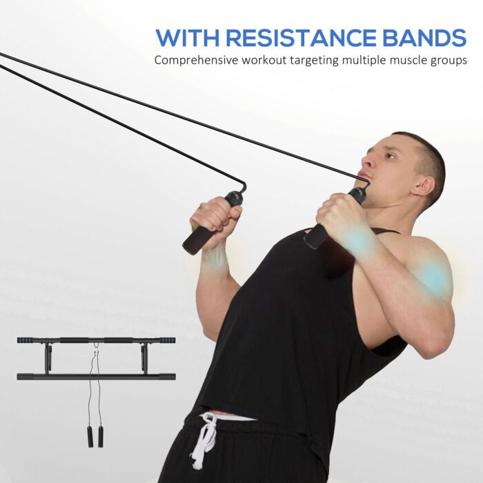 Sportnow Pull-up Bar Doorway, No Drilling Chin-up Bar Push Up Stand With Resistance Bands And Padded Handles For Home Gym Exercise, Blue
