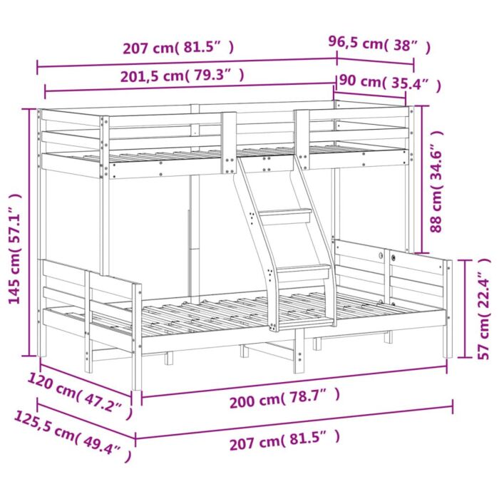 Vidaxl Bunk Bed 90x200/120x200 Cm Wax Brown Solid Wood Pine