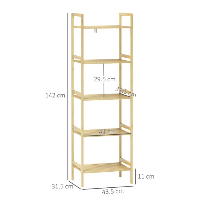 Homcom 5-tier Bamboo Bathroom Storage Shelf, Freestanding Shelving Unit With Adjustable Rack For Kitchen Bathroom Living Room, Natural Wood Finish