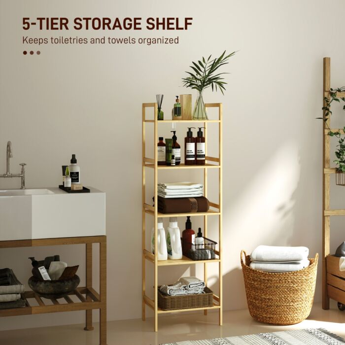 Homcom 5-tier Bamboo Bathroom Storage Shelf, Freestanding Shelving Unit With Adjustable Rack For Kitchen Bathroom Living Room, Natural Wood Finish