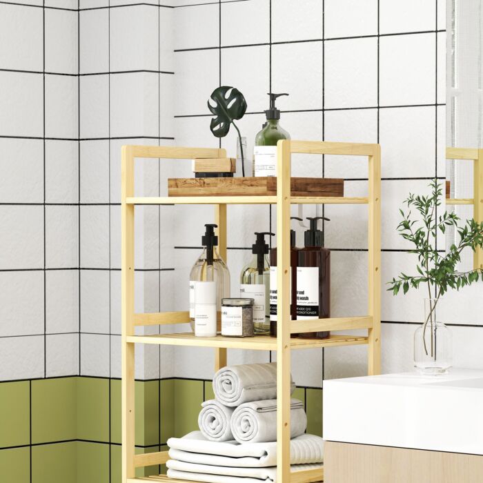 Homcom 5-tier Bamboo Bathroom Storage Shelf, Freestanding Shelving Unit With Adjustable Rack For Kitchen Bathroom Living Room, Natural Wood Finish