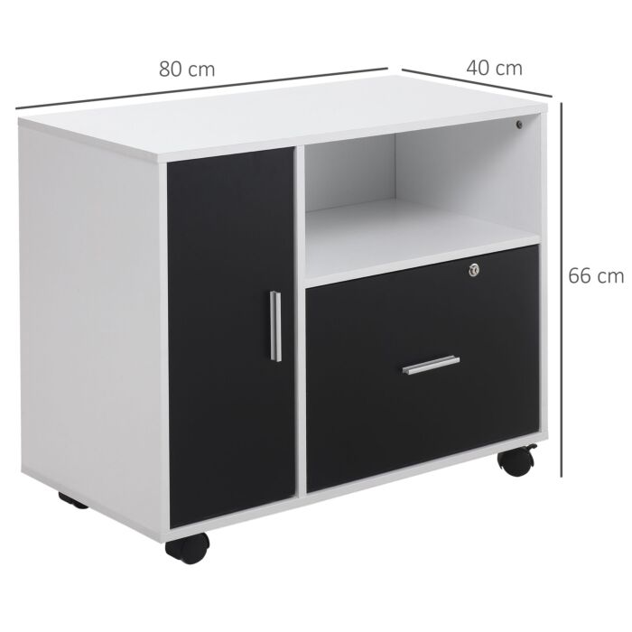 Homcom Filing Cabinet With Lockable Drawer, Mobile File Cabinet With 4 Wheels And Shelf, Printer Stand For Hanging A4 And Letter Sized Files, Black And White