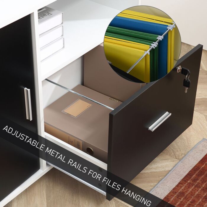 Homcom Filing Cabinet With Lockable Drawer, Mobile File Cabinet With 4 Wheels And Shelf, Printer Stand For Hanging A4 And Letter Sized Files, Black And White