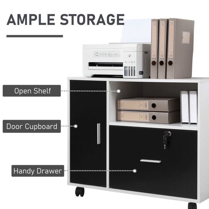 Homcom Filing Cabinet With Lockable Drawer, Mobile File Cabinet With 4 Wheels And Shelf, Printer Stand For Hanging A4 And Letter Sized Files, Black And White