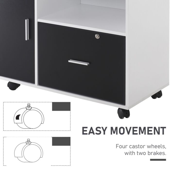 Homcom Filing Cabinet With Lockable Drawer, Mobile File Cabinet With 4 Wheels And Shelf, Printer Stand For Hanging A4 And Letter Sized Files, Black And White