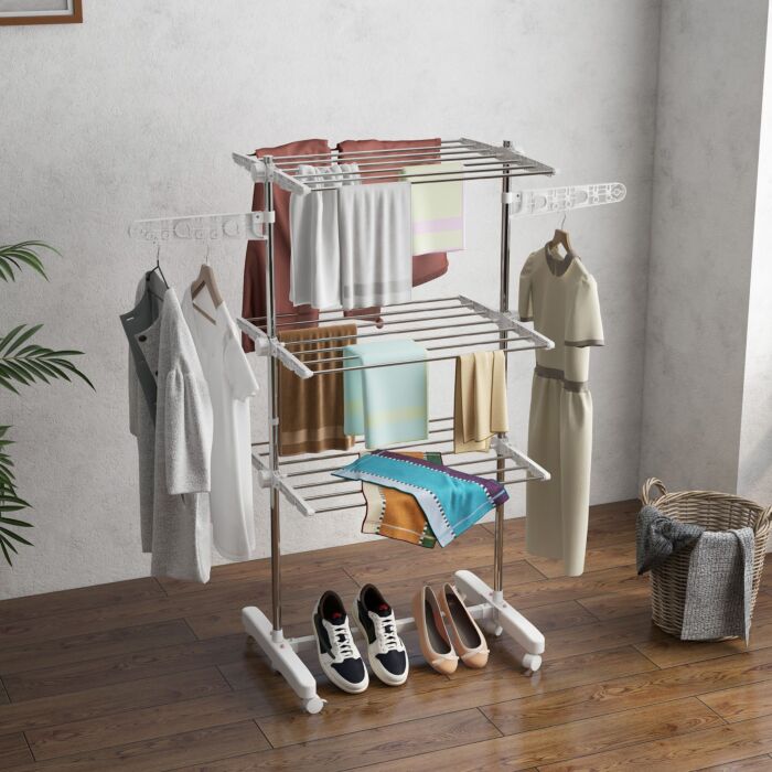 Homcom 3 Layers Folding Cloth Hanger Stand-white/silver