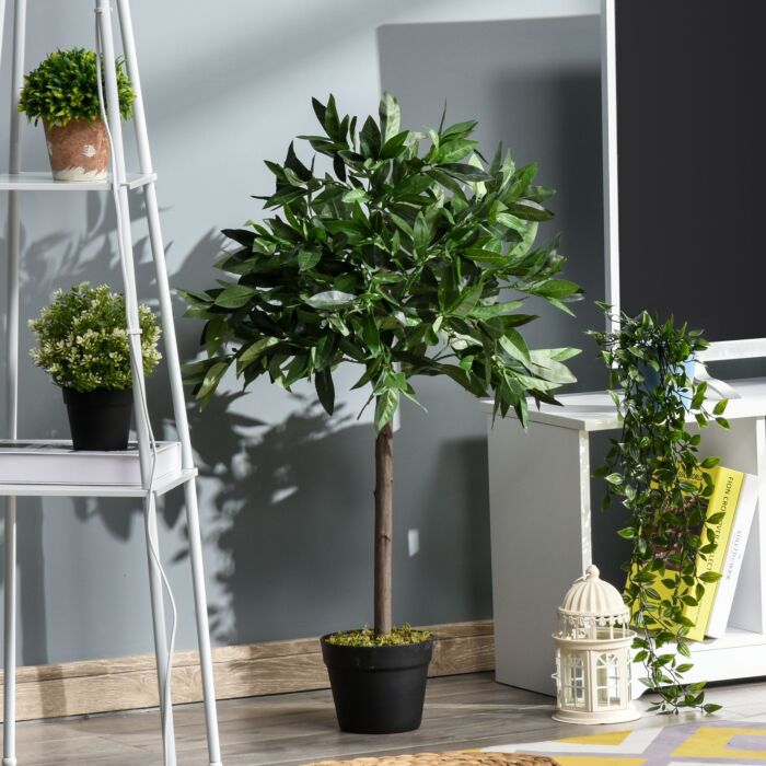 Outsunny Set Of 2 Artificial Topiary Bay Laurel Ball Trees Decorative Plant With Nursery Pot For Décor, 90cm