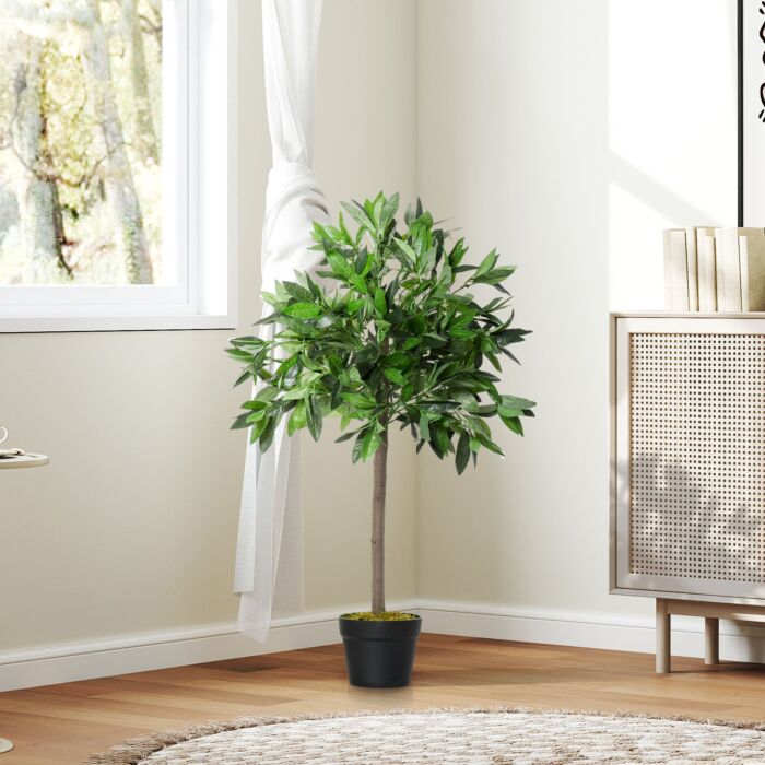 Outsunny Set Of 2 Artificial Topiary Bay Laurel Ball Trees Decorative Plant With Nursery Pot For Décor, 90cm