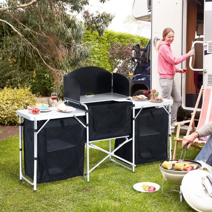 Outsunny Folding Camping Kitchen Cooking Table With Windscreen, Enclosed Cupboards, Aluminium Frame For Bbq, Picnic