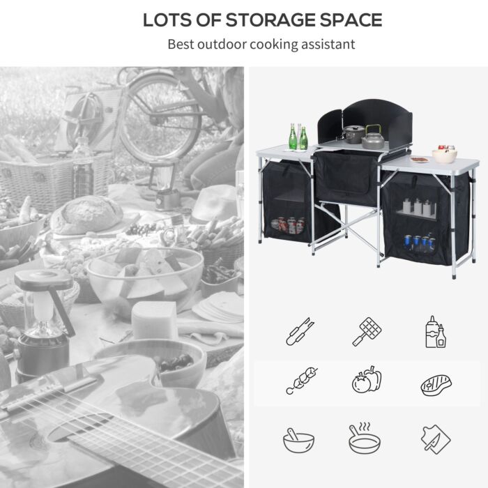 Outsunny Folding Camping Kitchen Cooking Table With Windscreen, Enclosed Cupboards, Aluminium Frame For Bbq, Picnic