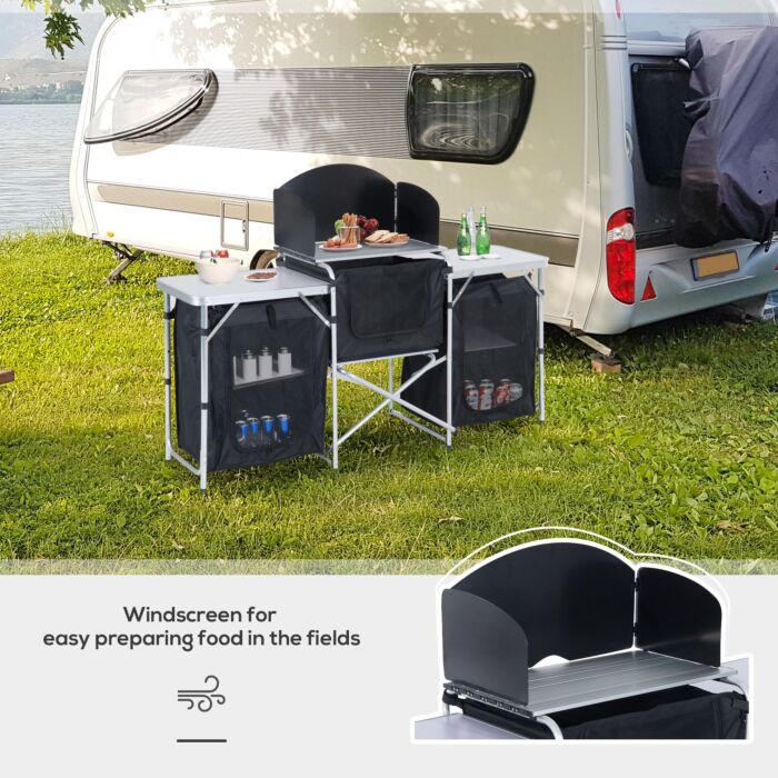 Outsunny Folding Camping Kitchen Cooking Table With Windscreen, Enclosed Cupboards, Aluminium Frame For Bbq, Picnic