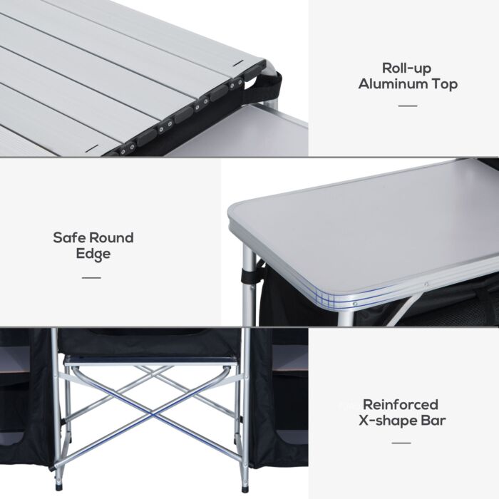 Outsunny Folding Camping Kitchen Cooking Table With Windscreen, Enclosed Cupboards, Aluminium Frame For Bbq, Picnic