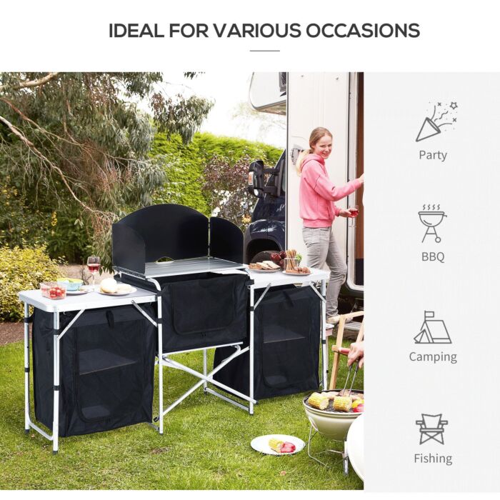 Outsunny Folding Camping Kitchen Cooking Table With Windscreen, Enclosed Cupboards, Aluminium Frame For Bbq, Picnic