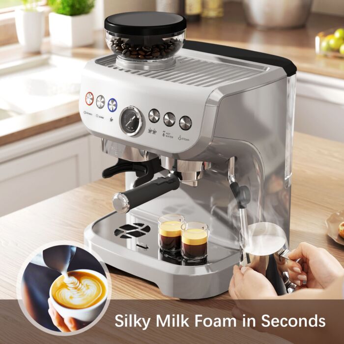 Homcom 15 Bar Coffee Machine, With Adjustable Grind, Steamer And Accessories - Silver Colour
