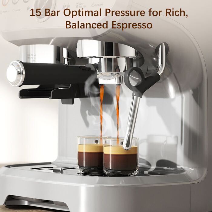 Homcom 15 Bar Coffee Machine, With Adjustable Grind, Steamer And Accessories - Silver Colour