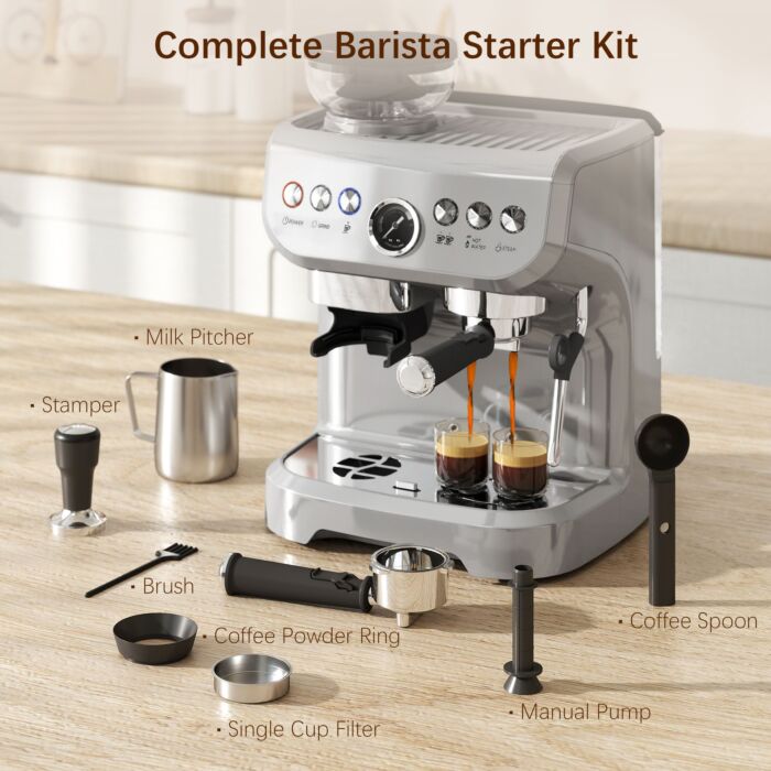 Homcom 15 Bar Coffee Machine, With Adjustable Grind, Steamer And Accessories - Silver Colour