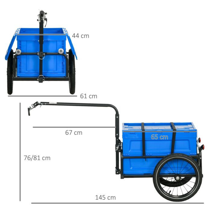 Homcom Steel Trailer For Bike, Bicycle Cargo Trailer With 65l Foldable Storage Box And Safe Reflectors, Max Load 40kg, Blue