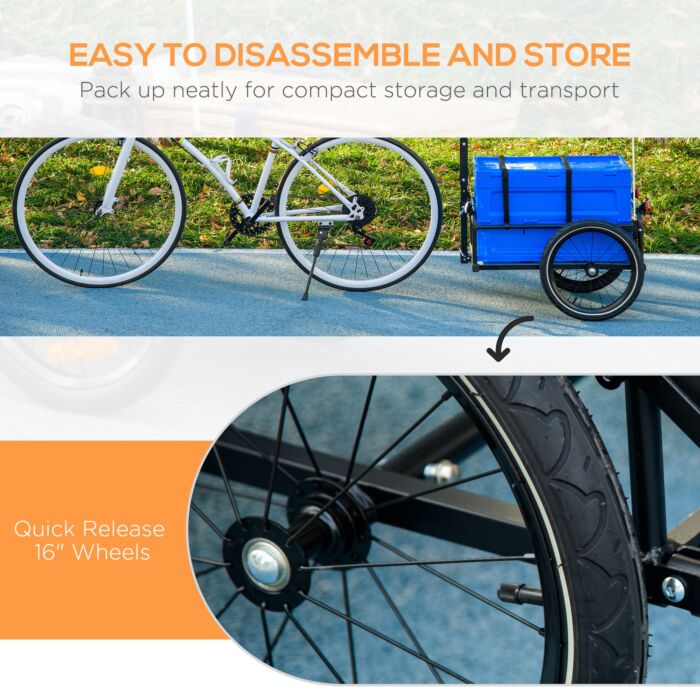Homcom Steel Trailer For Bike, Bicycle Cargo Trailer With 65l Foldable Storage Box And Safe Reflectors, Max Load 40kg, Blue