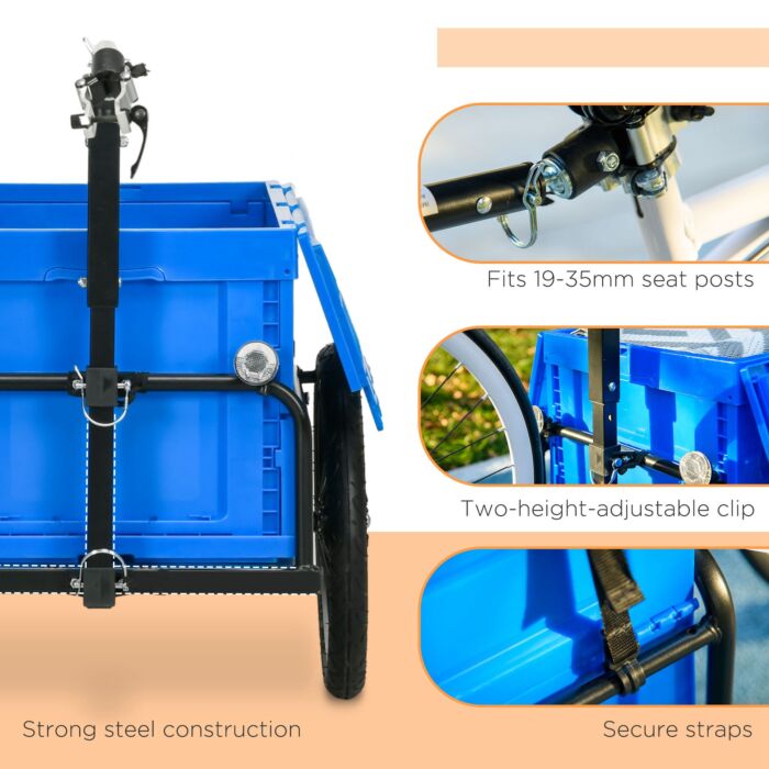 Homcom Steel Trailer For Bike, Bicycle Cargo Trailer With 65l Foldable Storage Box And Safe Reflectors, Max Load 40kg, Blue