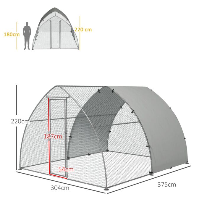 Pawhut Galvanised Chicken Coop Outdoor With Cover, For 8-12 Chickens, Hens, Ducks, Rabbits, 3 X 3.8 X 2.2m - Silver Tone