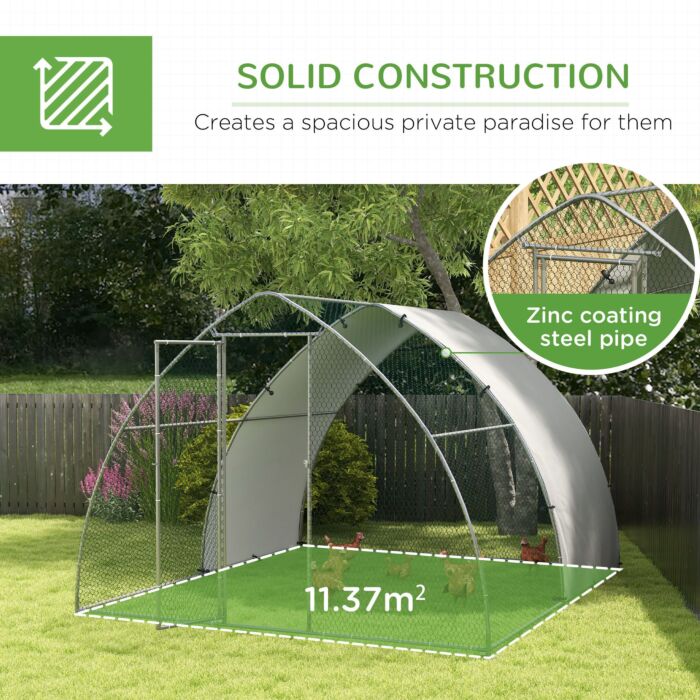 Pawhut Galvanised Chicken Coop Outdoor With Cover, For 8-12 Chickens, Hens, Ducks, Rabbits, 3 X 3.8 X 2.2m - Silver Tone