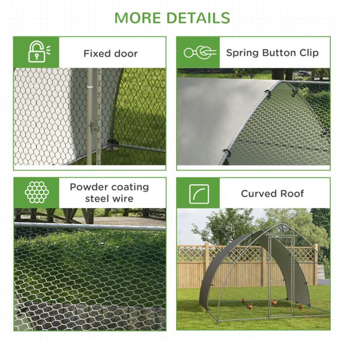 Pawhut Galvanised Chicken Coop Outdoor With Cover, For 8-12 Chickens, Hens, Ducks, Rabbits, 3 X 3.8 X 2.2m - Silver Tone