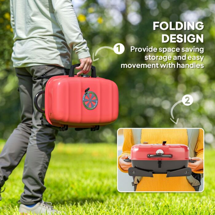 Outsunny Charcoal Barbecue Grill Folding Bbq Grill With 1232 Cm² Cooking Area, Adjustable Vent, Thermometer, Handles For Camping Picnic, Red