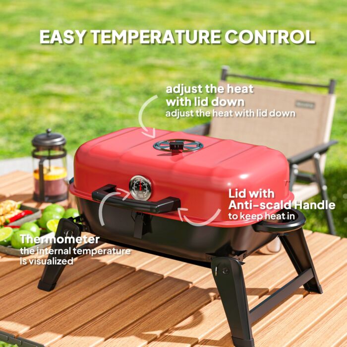 Outsunny Charcoal Barbecue Grill Folding Bbq Grill With 1232 Cm² Cooking Area, Adjustable Vent, Thermometer, Handles For Camping Picnic, Red