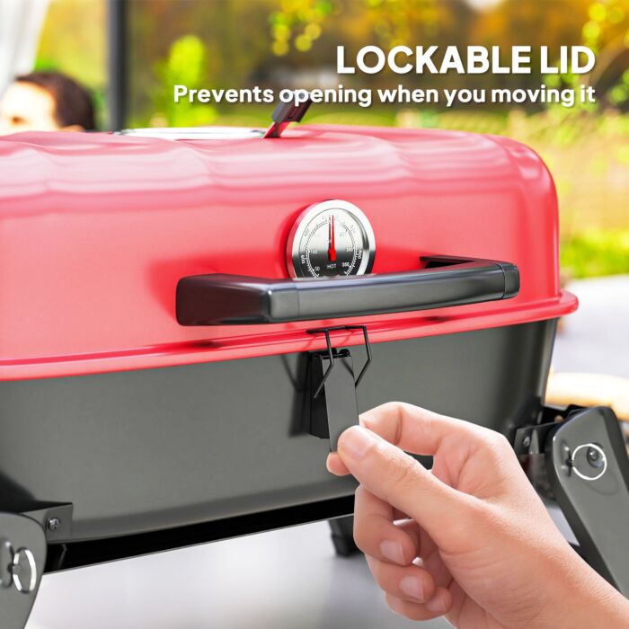 Outsunny Charcoal Barbecue Grill Folding Bbq Grill With 1232 Cm² Cooking Area, Adjustable Vent, Thermometer, Handles For Camping Picnic, Red