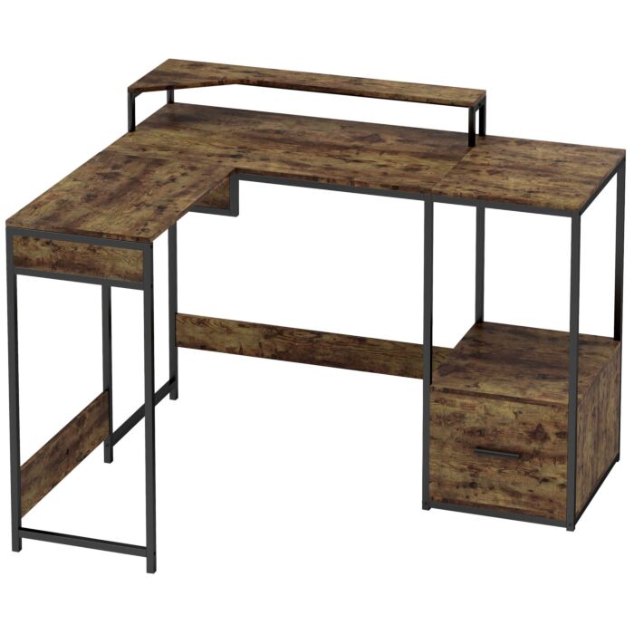 Homcom L Shaped Desk, Computer Desk With Liftable Desktop, Industrial Corner Desk With Drawer For A4/letter Size, Home Office Desk With Monitor Stand For Home Office, Rustic Brown