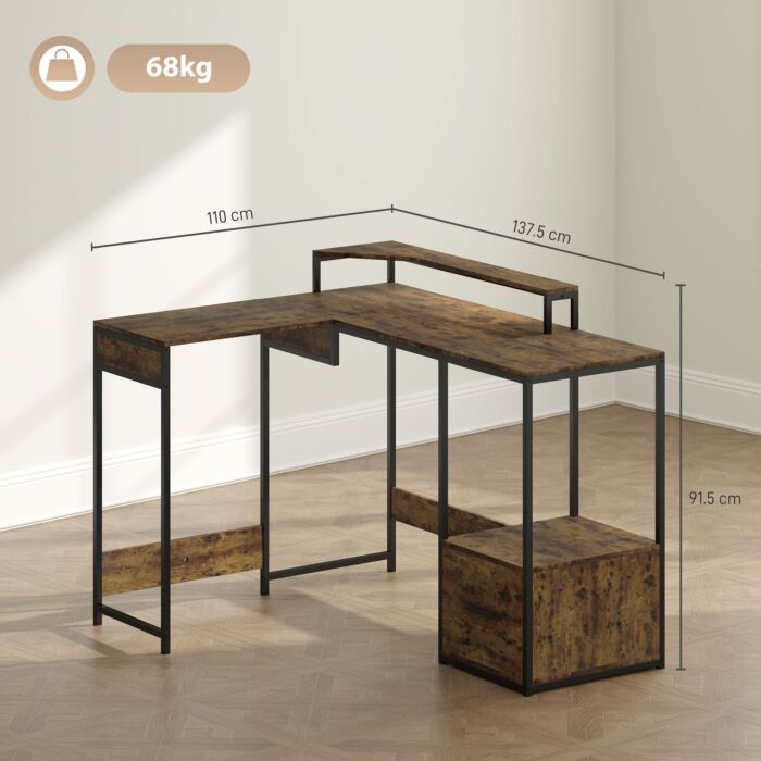 Homcom L Shaped Desk, Computer Desk With Liftable Desktop, Industrial Corner Desk With Drawer For A4/letter Size, Home Office Desk With Monitor Stand For Home Office, Rustic Brown