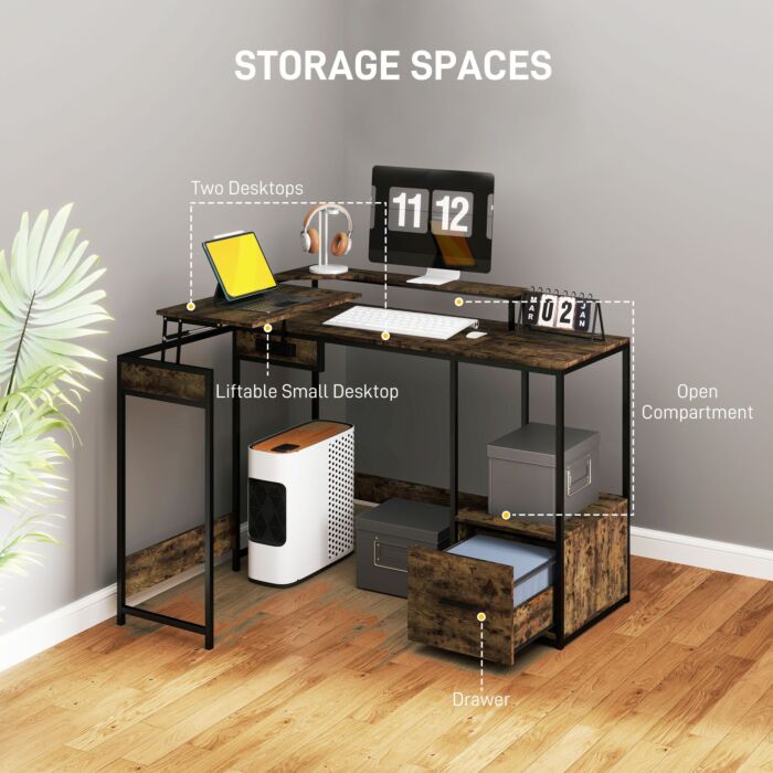 Homcom L Shaped Desk, Computer Desk With Liftable Desktop, Industrial Corner Desk With Drawer For A4/letter Size, Home Office Desk With Monitor Stand For Home Office, Rustic Brown
