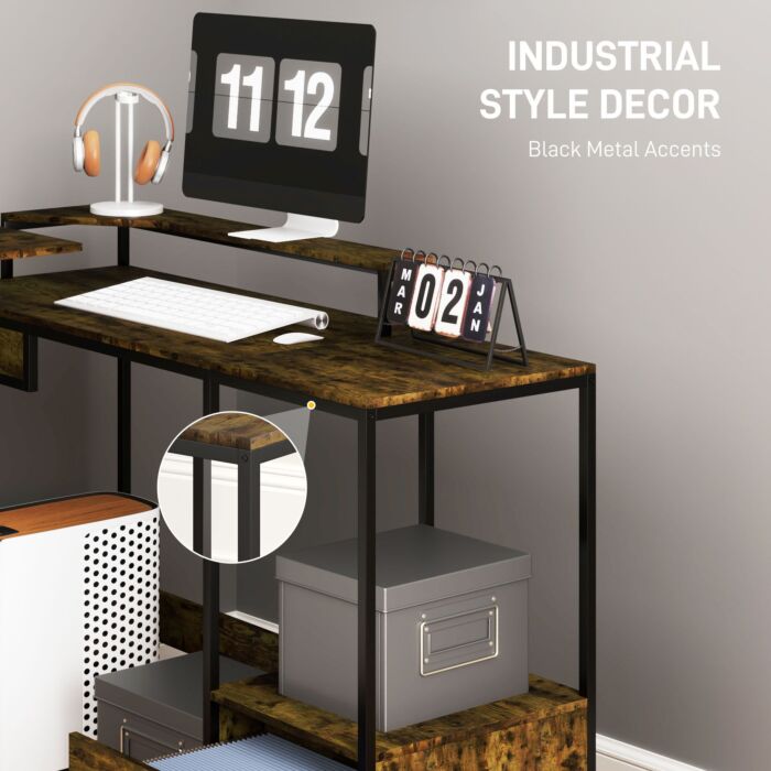Homcom L Shaped Desk, Computer Desk With Liftable Desktop, Industrial Corner Desk With Drawer For A4/letter Size, Home Office Desk With Monitor Stand For Home Office, Rustic Brown