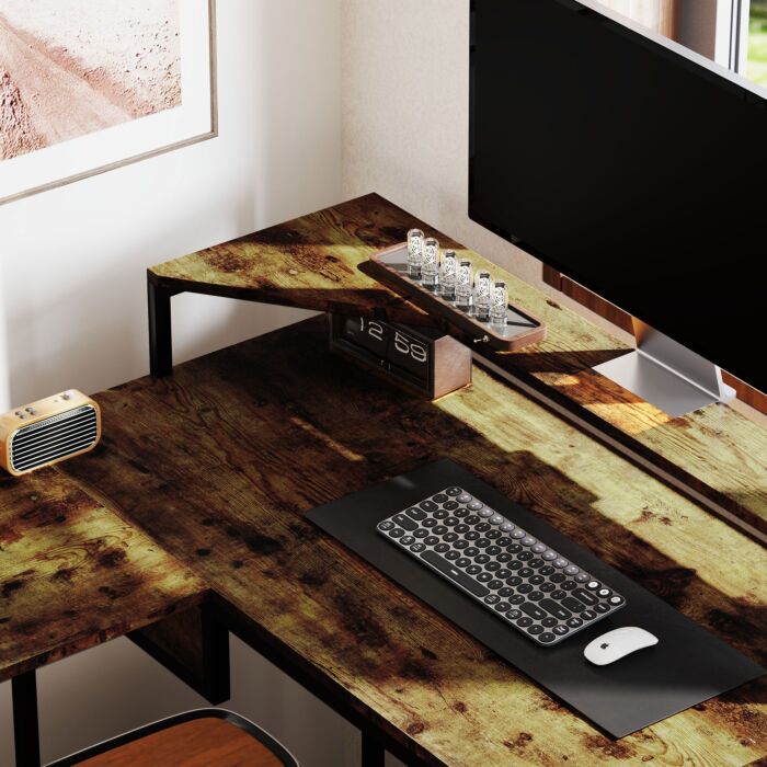 Homcom L Shaped Desk, Computer Desk With Liftable Desktop, Industrial Corner Desk With Drawer For A4/letter Size, Home Office Desk With Monitor Stand For Home Office, Rustic Brown