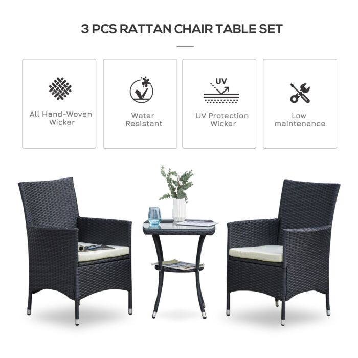 Outsunny Garden Outdoor Rattan Furniture Bistro Set 3 Pcs Patio Weave Companion Chair Table Set Conservatory (black)