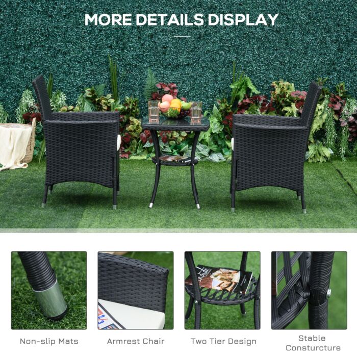 Outsunny Garden Outdoor Rattan Furniture Bistro Set 3 Pcs Patio Weave Companion Chair Table Set Conservatory (black)