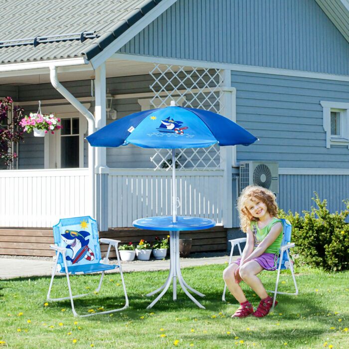 Outsunny Kids Picnic & Table Chair Set, Outdoor Folding Garden Furniture W/ Shark Design, Removable, Adjustable Sun Umbrella, Ages 3-6 Years - Blue
