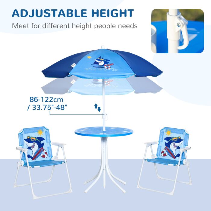 Outsunny Kids Picnic & Table Chair Set, Outdoor Folding Garden Furniture W/ Shark Design, Removable, Adjustable Sun Umbrella, Ages 3-6 Years - Blue