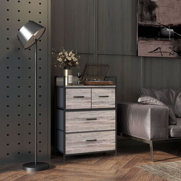 Homcom Rustic Chest Of Four Fabric Drawers - Grey Wood Effect