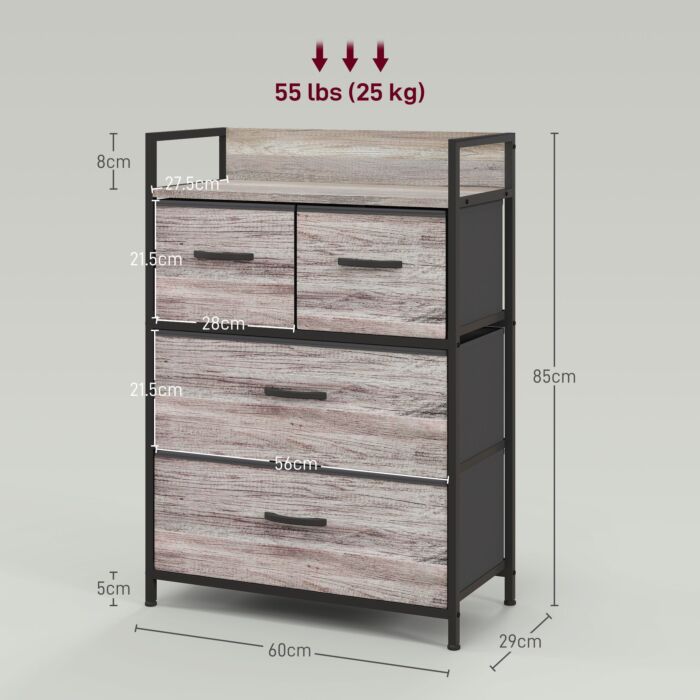 Homcom Rustic Chest Of Four Fabric Drawers - Grey Wood Effect