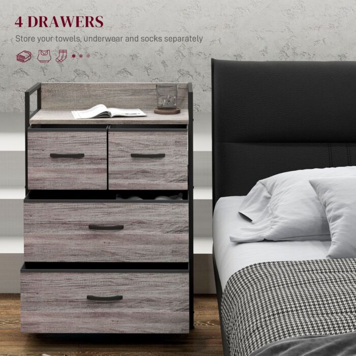 Homcom Rustic Chest Of Four Fabric Drawers - Grey Wood Effect