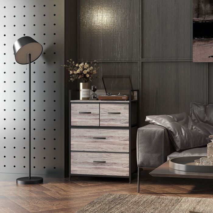 Homcom Rustic Chest Of Four Fabric Drawers - Grey Wood Effect