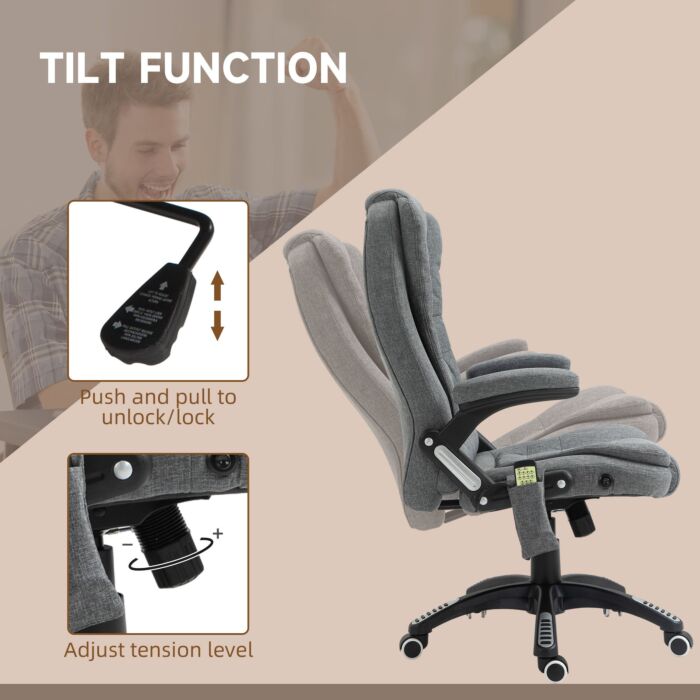 Vinsetto Massage Recliner Chair Heated Office Chair With Six Massage Points Linen-feel Fabric 360° Swivel Wheels Grey