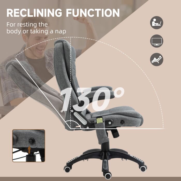 Vinsetto Massage Recliner Chair Heated Office Chair With Six Massage Points Linen-feel Fabric 360° Swivel Wheels Grey