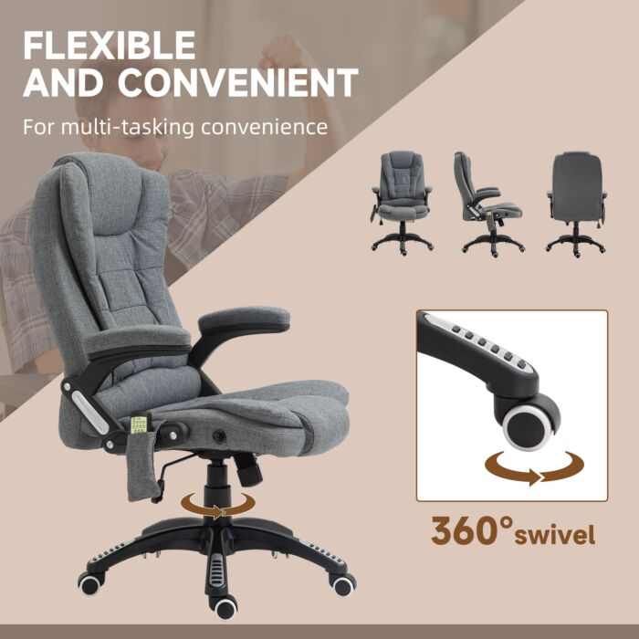 Vinsetto Massage Recliner Chair Heated Office Chair With Six Massage Points Linen-feel Fabric 360° Swivel Wheels Grey