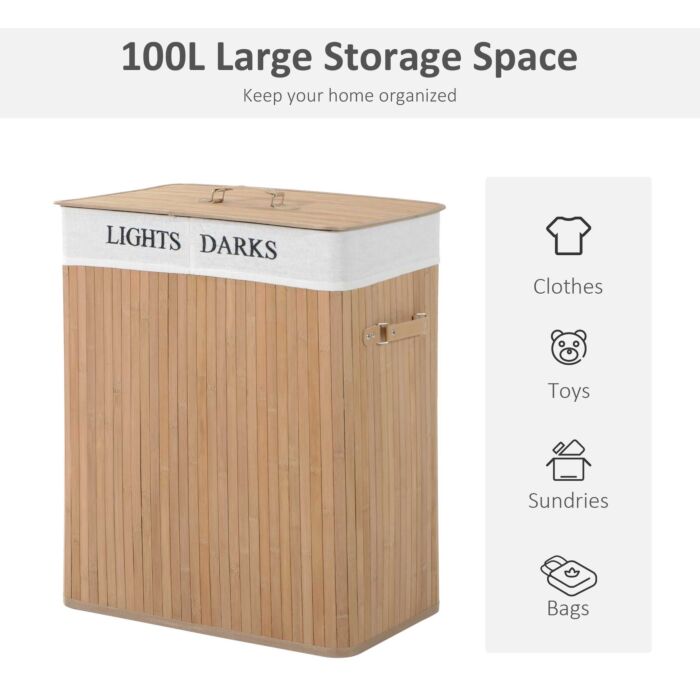 Homcom 100l Collapsible Natural Wood Laundry Hamper Organizer Clothes Washing Basket Bin Storage Box W/lid Removable Lining 52x32x63cm, Wood Color