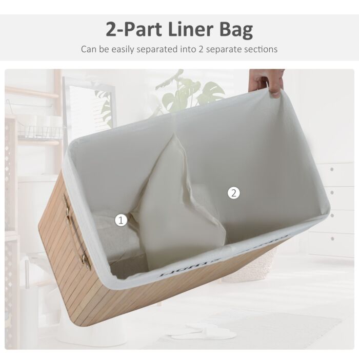 Homcom 100l Collapsible Natural Wood Laundry Hamper Organizer Clothes Washing Basket Bin Storage Box W/lid Removable Lining 52x32x63cm, Wood Color