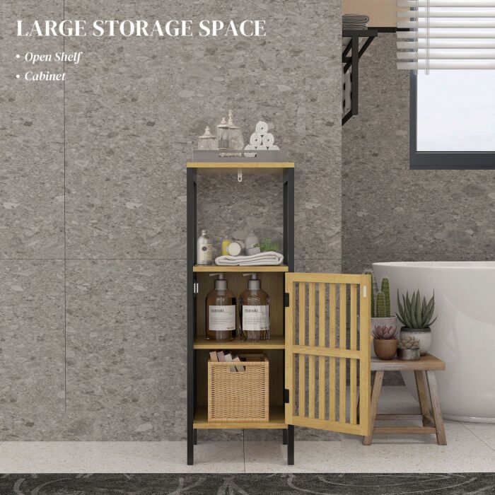 Homcom Slim Bathroom Storage Cabinet, Small Bamboo Bathroom Cabinet With Open Compartment And Adjustable Shelf, Black